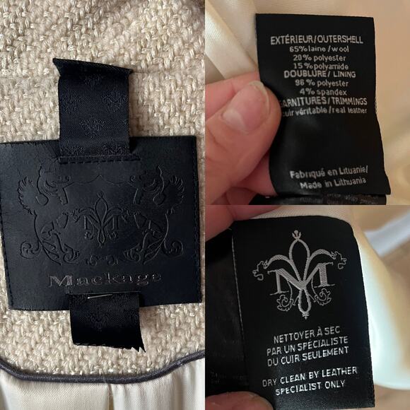 MACKAGE Peacoat Jacket Wool Leather Trim Pockets Off White Black Large GUC - Picture 7 of 11